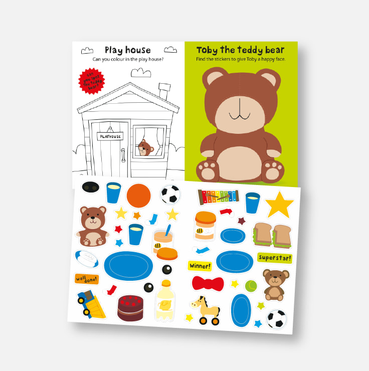 Sticker Activity Book - Teddies & Toys example spread and stickers