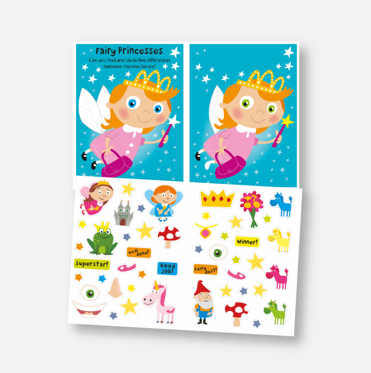 Sticker Activity Book - Princess & Fairy example spread and stickers
