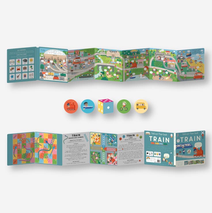 Fold Out Floor Train open concertina spread with games, coloured scenes and pop out dice and counters